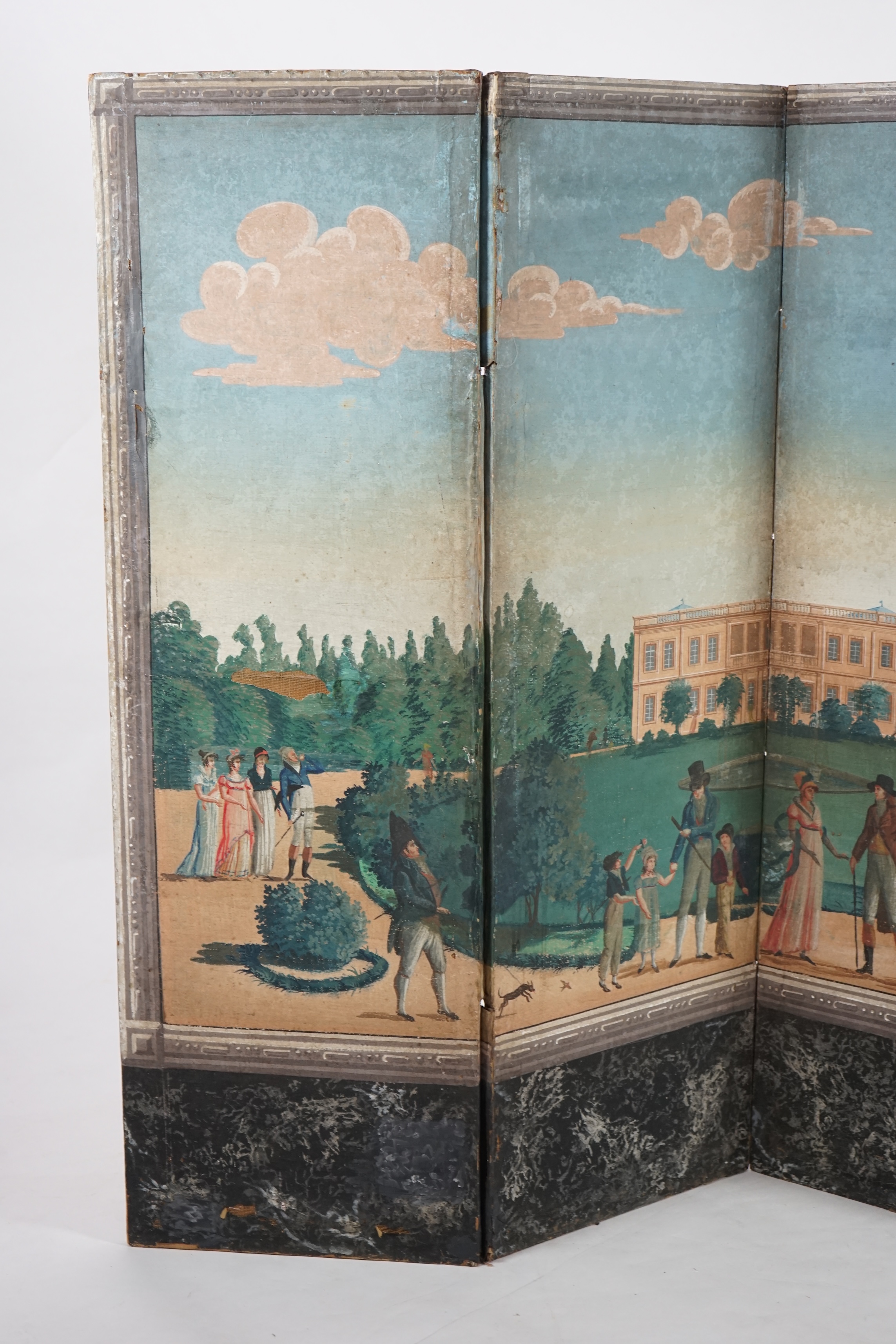 A French Empire four-leaf painted screen, gouache on paper, attributed to Dufour & Leroy, decorated with figures in the grounds of a chateau, the reverse with musical trophies, 47cm wide, 150cm high. Condition - a variet